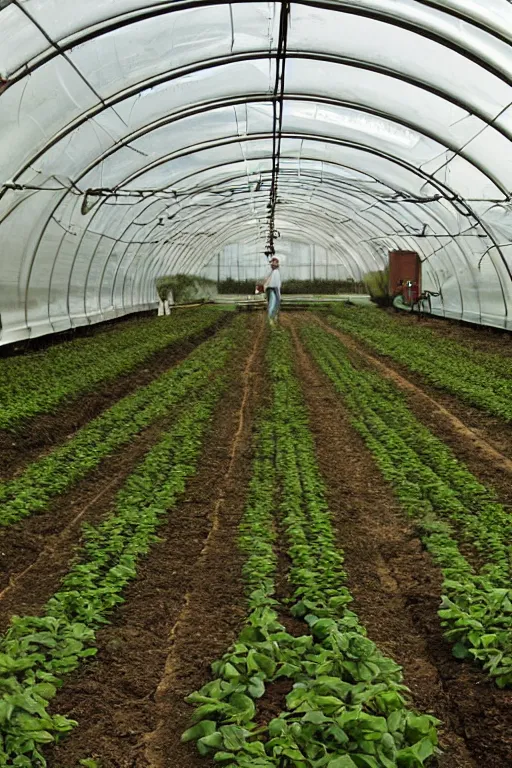 Prompt: tunnel greenhouse with harvest at sunrise, old photo