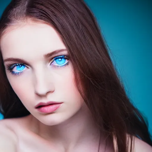 Image similar to Portrait of a beautiful young pale brunette woman with blue eyes, photoshoot, 30mm, Taken with a Pentax1000, studio lighting