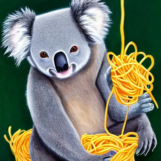 Image similar to a painting of a koala eating spaghetti in toon art style