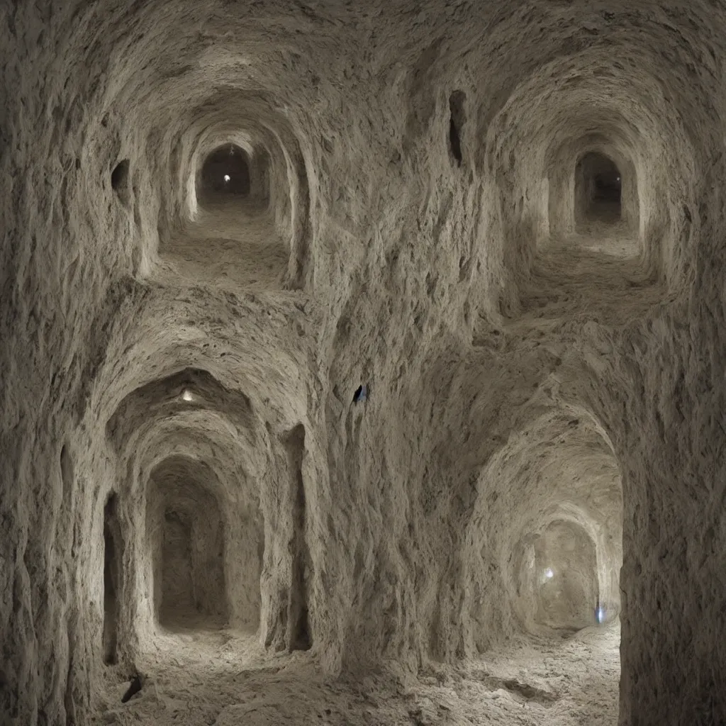 Image similar to chapel, catacomb, ossuary. unsettling. semi - organic. tunnel, doorways. zdzisław beksinski