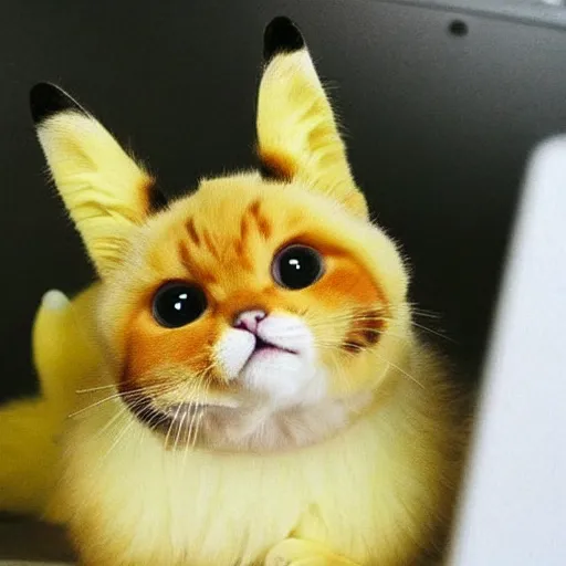 Prompt: cat that looks like Pikachu, cute, yellow fur, yellow fur,