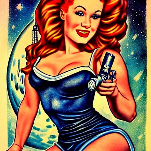 Image similar to photorealistic old school, traditional style tattoo sketch of most beautiful redhead pinup girl, full body portrait in space holding a lazer pistol and sitting on a rocket drawn by sailor jerry, vic james, electric martina, heath clifford, kimi vera