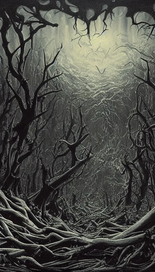 Prompt: a storm vortex made of many demonic eyes and teeth over a forest, by david a. hardy