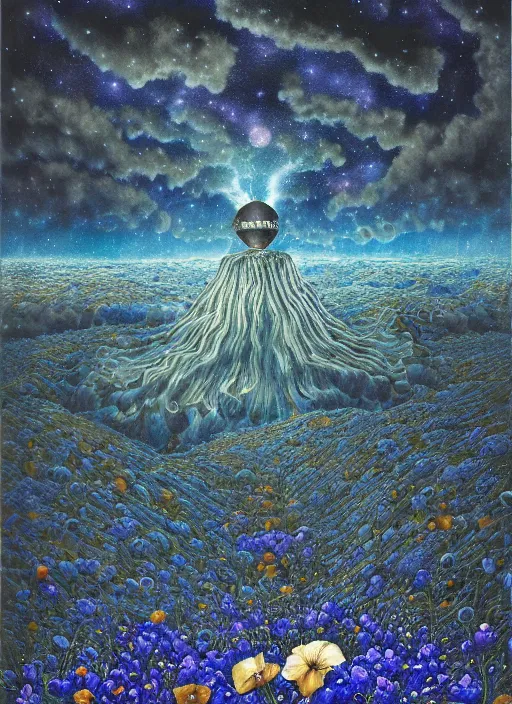 Image similar to detailed, intricate blue black and purple papaverum flower on the field, nebula, galaxy in the sky, winning award masterpiece, fantastically beautiful, illustration, aestheticly inspired, jacek yerka, upscale with anguissola sofonisba work, artstation, 8 k