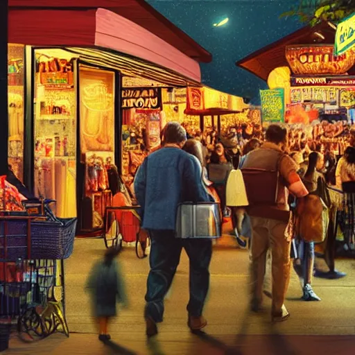 Prompt: a busy outside city in usa, people outside sells, nighttime lifestyle, photorealistic