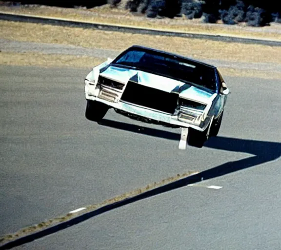 Image similar to a close - up, color cinema film still of knight rider kitt leaping over a jump, action cinematic.