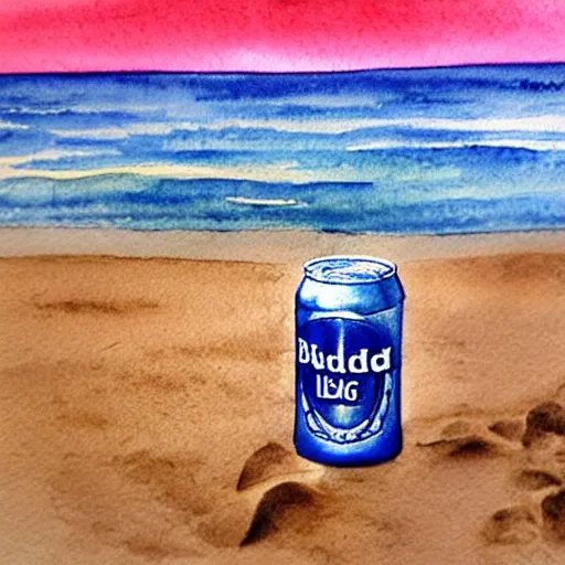 Image similar to can of bud light sittin in the sand on the beach, detailed, watercolor, sunset