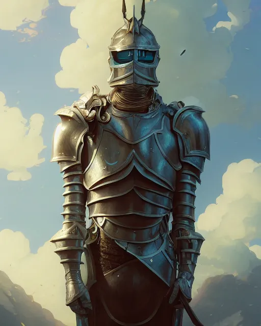 Image similar to highly detailed vfx portrait of a fantasy knight, stephen bliss, unreal engine, greg rutkowski, loish, rhads, beeple, makoto shinkai and lois van baarle, ilya kuvshinov, rossdraws, tom bagshaw, alphonse mucha, global illumination, detailed and intricate environment