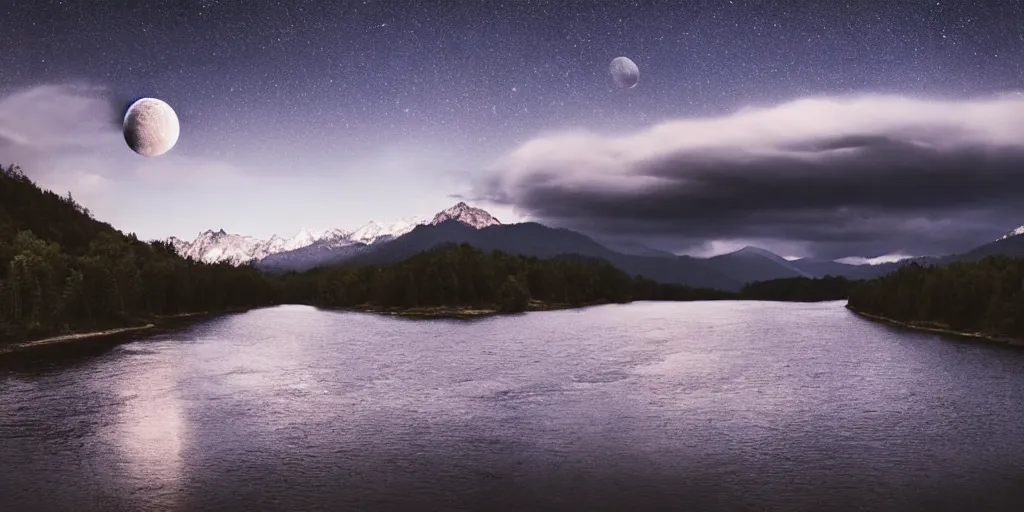 Prompt: moonlit river surrounded by mountains and forests with a dark sky and cumulonimbus clouds and a small moon, 4 k photorealism!! art style, landscape! photography, unsplash landscape, award winning, unsplash! contest winner