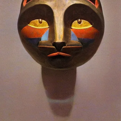 Prompt: polychrome cat head sculpture, by annie swynnerton and diego rivera and nicholas roerich, symbolist, dramatic lighting, god rays, elaborate geometric ornament, art brut, rich colors, smooth sharp focus, extremely detailed, adolf wolfli