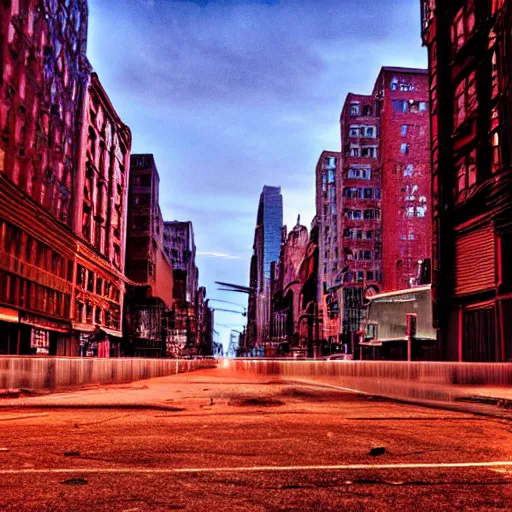 Image similar to color photograph, highly detailed abandoned New York city street at night after the war between humans and AIs, natural light, film grain, soft vignette, sigma 85mm f/1.4 1/10 sec shutter, film still promotional image, IMAX 70mm footage