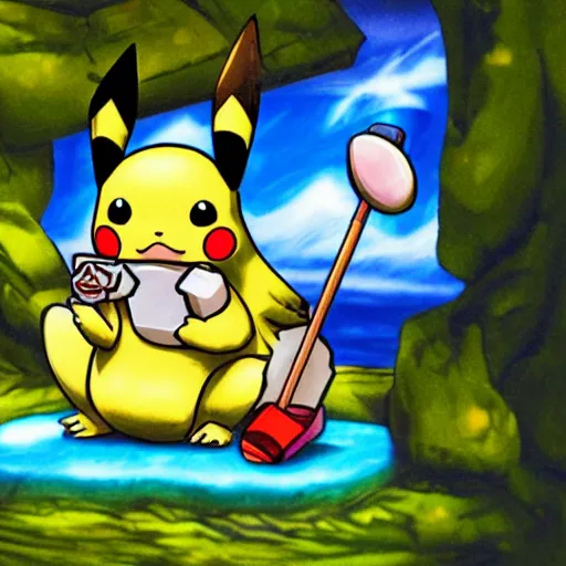 Image similar to pokemon card of : pikachu smoking a fat blunt with ash sitting on a rock next to a river, bright blue sky colorful detailed drawing