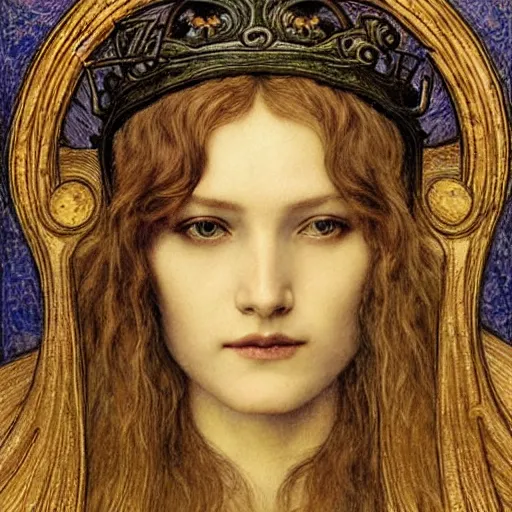 Prompt: detailed realistic beautiful young medieval queen face portrait by jean delville and tony diterlizzi, art nouveau, symbolist, visionary, gothic, pre - raphaelite