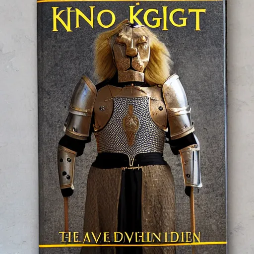 Prompt: book cover about a medieval lion knight