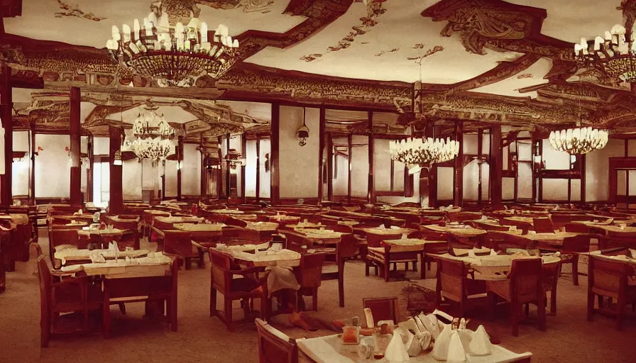 Image similar to 2010s movie still of empty north-korean royal restaurant palace post-stalinist style, eastmancolor, heavy grain, high quality, higly detailed