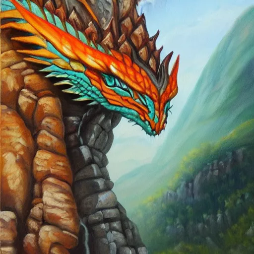 Image similar to beautiful oil painting of a dragon guarding a cave in mountain