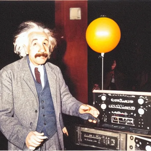 Prompt: color photograph of Albert Einstein DJ at a nightclub, in color, color photograph, colors