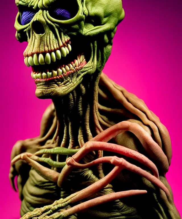 Image similar to hyperrealistic rendering, cronenberg flesh monster skeletor by art of skinner and richard corben and jeff easley, product photography, action figure, sofubi, studio lighting, colored gels