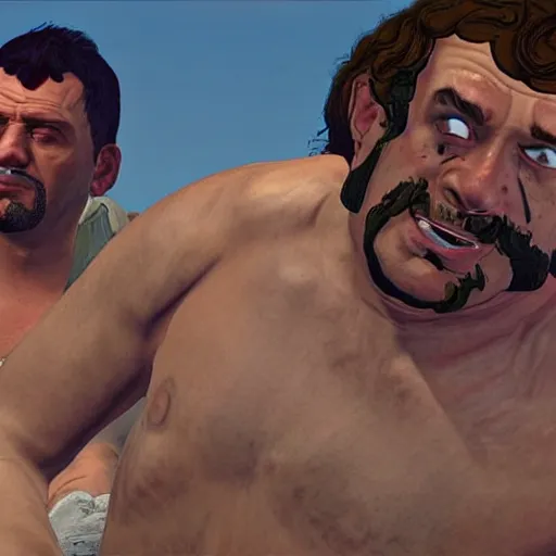 Image similar to close up portrait of drunken hercules in gta v