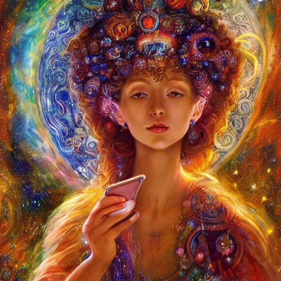 Image similar to a goddess of hubble space telescope images checking her phone, magic realism, art by josephine wall, art by huang guangjian, art by viktoria gavrilenko, art by amanda sage, trending on artstation