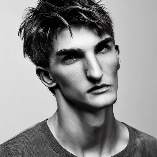 Image similar to chad, man with huge muscular jaw, short black hair, professional studio photography, grayscale, xqc, xqcow from twitch