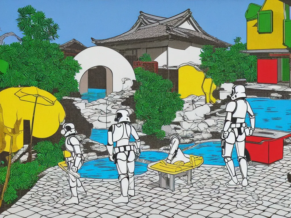 Image similar to hyperrealism composition of the japanese house with a hot springs in the garden, two detailed stormtroopers bathe in a hot spring, pop - art style, jacky tsai style, andy warhol style, roy lichtenstein style, round canvas, acrylic on canvas