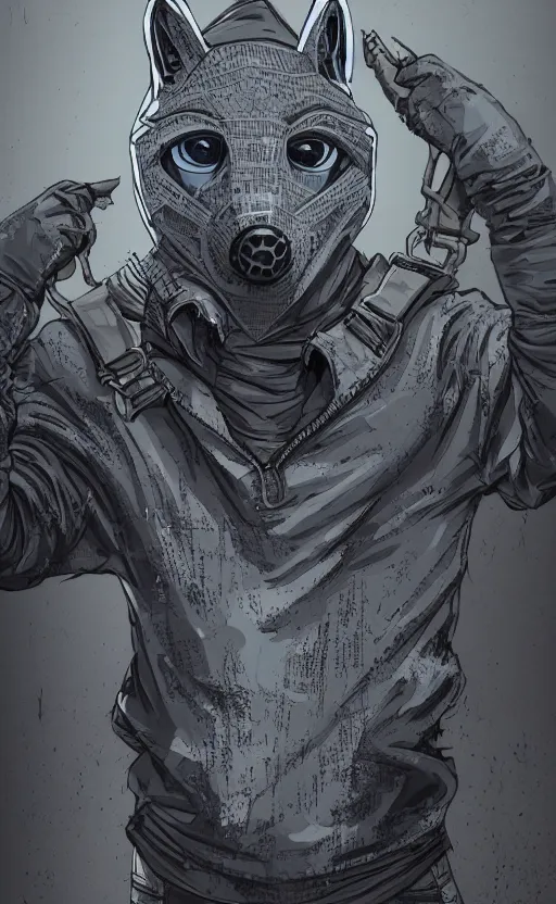 Image similar to wolfs gang, grey blue hoodie, group photo, punk art, warehouse, weapon, drugs, flex box position, grey bandana, gasmask, wolf mask, fiction, stability, intricate, elegant, 8 k, uhd, justify, artstation, concept art, matte, sharp focus, illustration, consistent, highly detailed object content, proportional object content