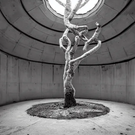 Prompt: a twisted tree growing in an abandoned brutalist bunker, in the round, skylight with light shining down, snow falling through skylight, photorealistic