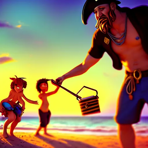 Prompt: pirates finding a buried treasure chest at the beach at sunset, stylized, artstation, hd, cgsociety, cgi, realistic, dramatic, cinematic, artistic, trending, detailed