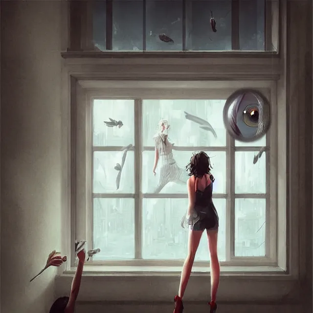 Image similar to window, eye, women, buildings, surprise, scared, couch by wlop, artgerm, greg rutkowski