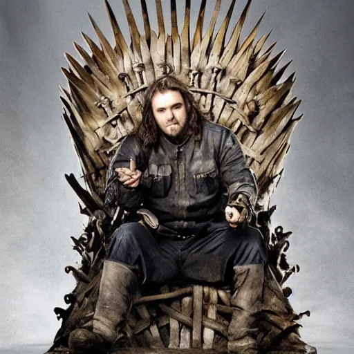 Prompt: Hurley from Lost sitting on the Iron Throne