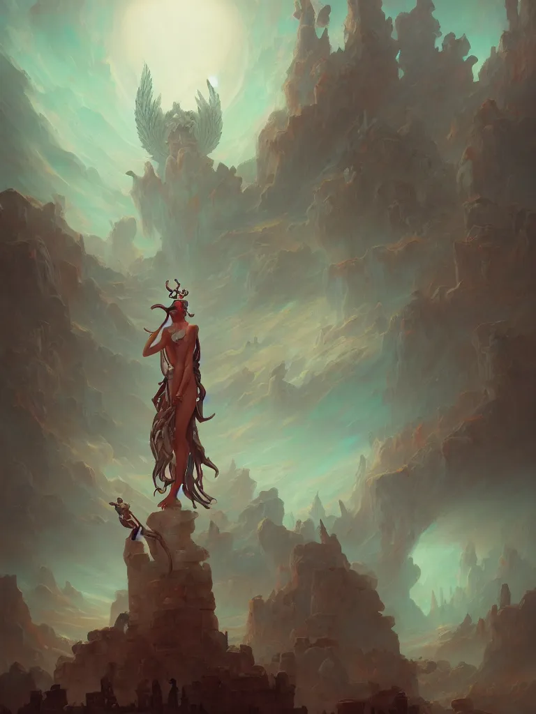 Prompt: elder pagan angel figure rising above mysterious ancient ruins, painted by peter mohrbacher, trending on artstation, character art, vibrant colors