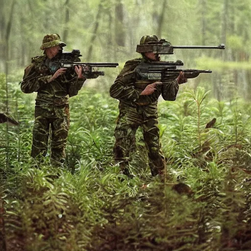 Image similar to “ soldiers shooting at frogs in finnish forest, trees, swamp ”