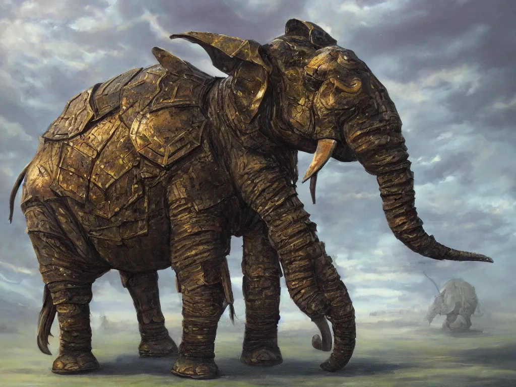 Prompt: a dramatic oil painting of an armored war elephant standing on its back feet. Original artwork from magic the gathering. Award winning, very detailed, dramatic lighting, green and brown color palette