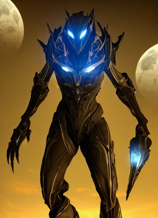 Image similar to warframe!! standing in a field at night, night time, moonlight, dark blue sky, finely illustrated, highly detailed, octane render, glowing bio lights, glowing eyes, good value control, good edge control, anime, animation, watercolor texture, 8 k, segmented armor, segmented organic armor, moody lighting