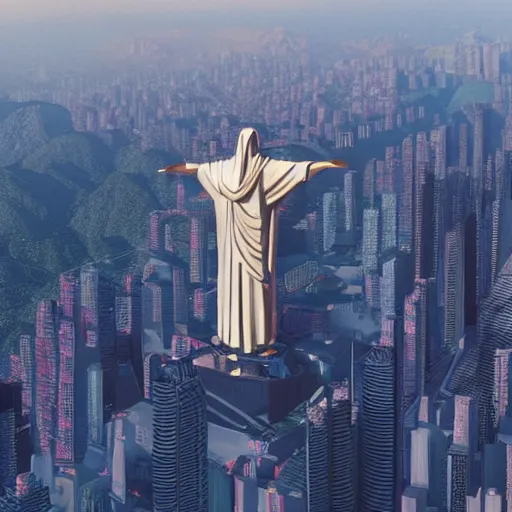 Image similar to a highly detailed picture of a cyberpunk christo redentor in a vaporwave style dabbing over rio de janeiro, aerial photography, ultrawide lens, art by john collier and albert aublet and krenz cushart and artem demura and alphonse mucha, volumetric lighting, octane render, 4 k resolution, trending on artstation, masterpiece