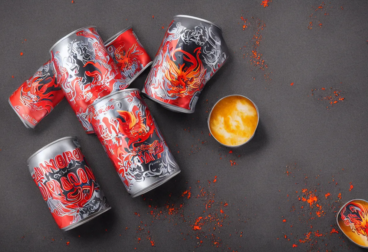 Prompt: an aluminium can of a dragon-flavored energy drink, professional studio photography, smokey and fiery background, packshot