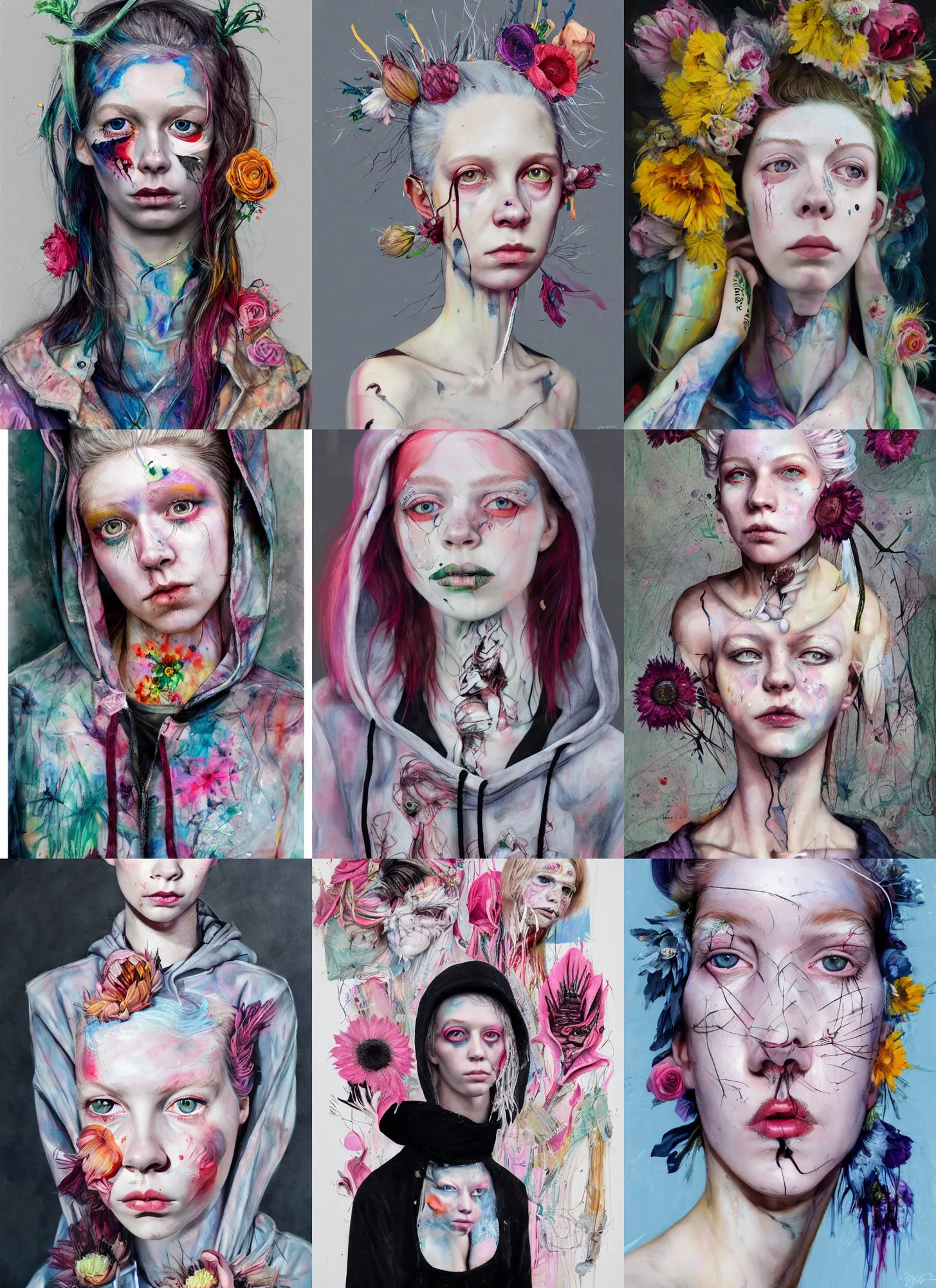 Prompt: 2 5 year old hunter schafer in the style of martine johanna and! jenny saville!, wearing a hoodie, standing in a township street, street fashion outfit, haute couture fashion shoot, mascara, full figure painting by mab graves, jeremy mann, david choe, decorative flowers, 2 4 mm, die antwoord yolandi visser