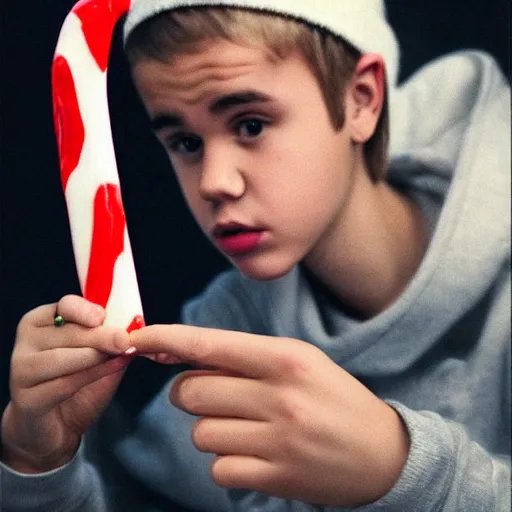 Prompt: justin bieber holding a candy cane,