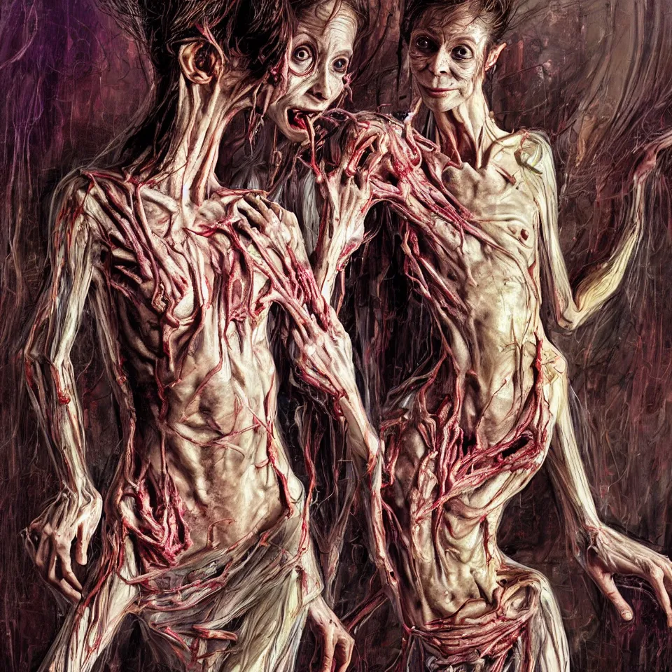 Image similar to bright realistic anorexic cult turning into gods and deamons and smiling franticly, old apartment, rotten flesh, diffuse lighting, fantasy, intricate, elegant, highly detailed, lifelike, photorealistic, digital painting, artstation, illustration, concept art, smooth, sharp focus, art by francis bacon and jenny saville