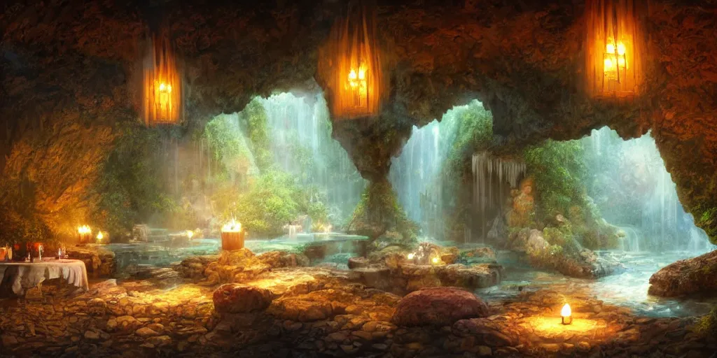 Image similar to detailed interior of cozy hotsprings hidden inside a cave, small waterfalls, lush vegetation, flowers, towels, plates of fruit, candlelight, digital painting, concept art, light shafts, stunning atmosphere, by gerald brom, cinematic lighting