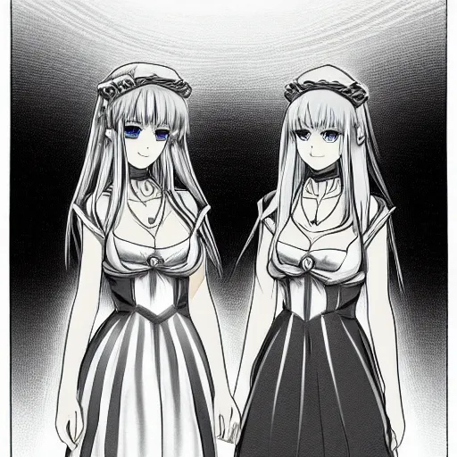 Image similar to a stare down between two beautiful maids standing face to face, detailed anime art