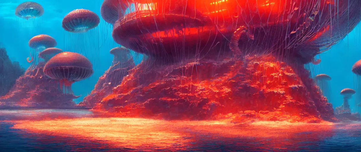 Image similar to hyperrealistic hyper detailed underwater bio-morphic city of atlantis guarded by giant orange jellyfish matte painting concept art maciej kuciara hajime sorayama cinematic soft red lighting low angle hd 8k sharp shallow depth of field