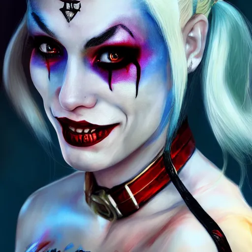 Image similar to Harley Quinn from the suicide squad, slim, smiling, portrait, fantasy, medieval, beautiful face, vivid colrs, elegant, concept art, sharp focus, digital art, Hyper-realistic, 4K, Unreal Engine, Highly Detailed, HD, Dramatic Lighting by Brom, trending on Artstation