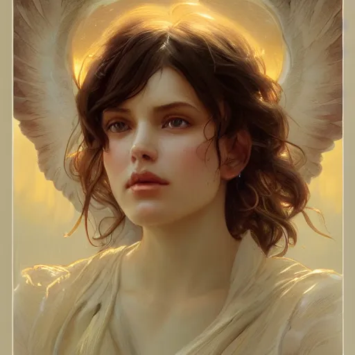 Image similar to portrait of a beautiful angel, fantasy, highly detailed, digital painting, artstation, concept art, smooth, sharp focus, illustration, art by artgerm and greg rutkowski and alphonse mucha