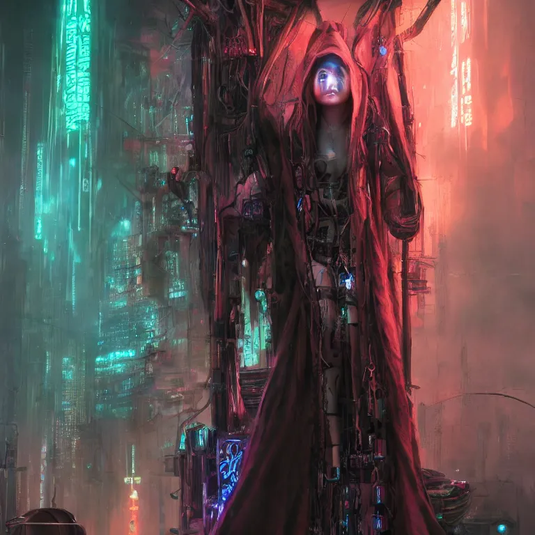 Image similar to futuristic priestess in a hooded robe full of cables and neons, cyberpunk, gothic, fantasy, science fiction, character concept art, matte painting, hyperdetailed, realistic, creepy, atmospheric, cinematic, kinemacolor