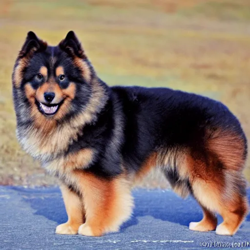 Image similar to excited brown and tan domino finnish lapphund, 35mm photograph