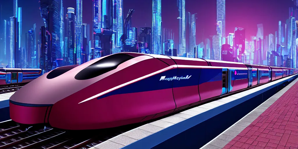 Image similar to a cyberpunk maglev train riding though futuristic station, futuristic cityscape in background, gorgeous lighting and metallic reflection, maroon and blue accents, 8k, large scale, high detail, side profile