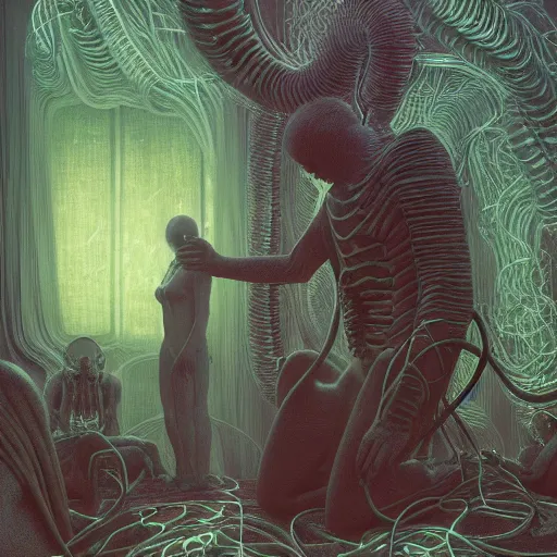 Image similar to satanic ritual, neon, they are watching, RGB, glowing wires everywhere, pristine, by Edgar Maxence and Ross Tran, Zdzisław Beksiński, and Michael Whelan, distant, gustav dore, H.R. Giger, 8k, octane render