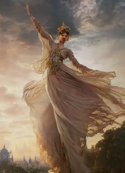 Image similar to a beautiful portrait of a sorceress floating on air with elegant looks, flowing robe, ornate and flowing, intricate and soft by ruan jia, tom bagshaw, alphonse mucha, wlop, beautiful roman architectural ruins in the background, epic sky, vray render, artstation, deviantart, pinterest, 5 0 0 px models